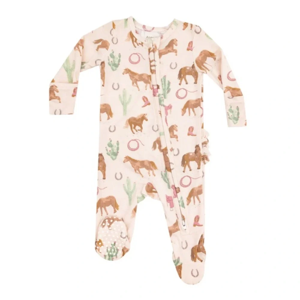 Angel Dear Ruffle Back Footie Western Horses Pink 0-3 3-6 6-9 9-12 month